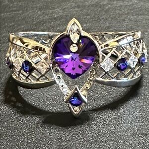 MM AB Purple Center Stone Silver-Tone Lattice Hinged Vintage Statement Bracelet